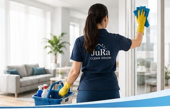 Reinigungskraft bei der Fensterreinigung